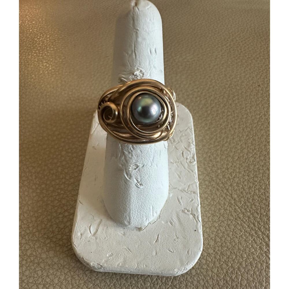 14k Gold Filled Wire with Fine Silver Crochet and‎ a Black Pearl Size 7